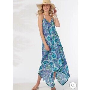 Charlie Paige NWT Dress One Size Flowy Cover Up Beaded Boho Blue Teal Aqua Beach